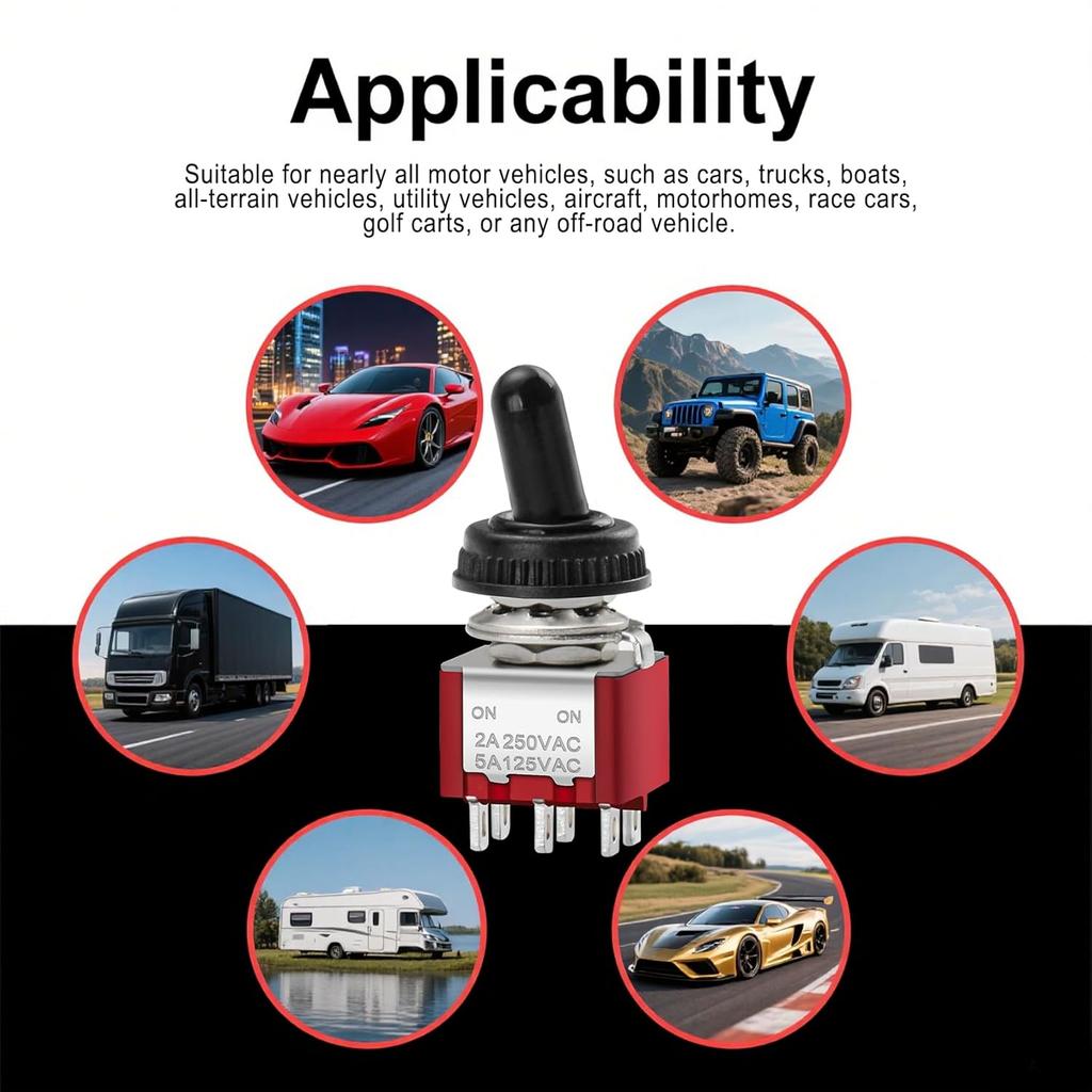 Heschen Miniature Toggle Switch MTS-202 ON-ON DPDT 6 Pin, 2A 250V, 5A 120V, with Waterproof Cap, Pack of 5