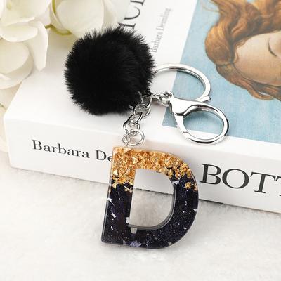 Black Gold A-Z Initial Alphabet Letter Keychain With Plush Pompom Resin Sequin Initial Keyring Women Bags Charms Car Key Chain