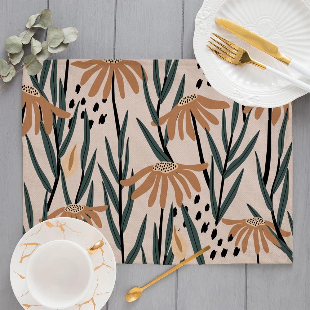 Morandi Floral Sunflower Printing Linen Placemat for Dining Table Drink Coaster Home Decoration Modern Kitchen Cup Pads