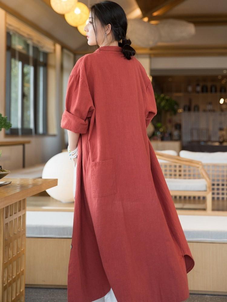 Vintage Linen Button Shirt Women Long Sleeve Blouse Solid Color Spring Long Shirts