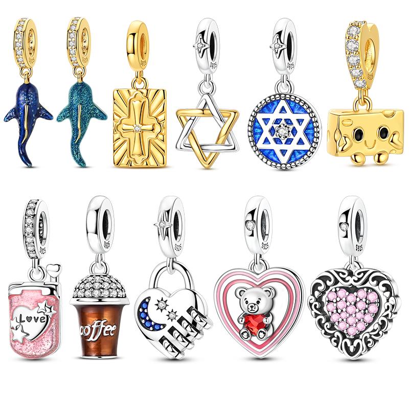 Copper Charms Beads Golden Whale Shark Cheese Cross Hexagram Dangle Fit Original Bracelet Women Jewelry Gift Diy