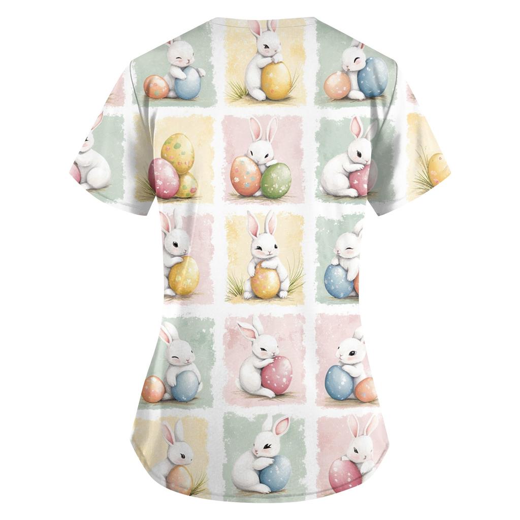 Women's Fashion V-Neck Short Sleeve Overalls With Pockets Easter Print Tops  Clothes