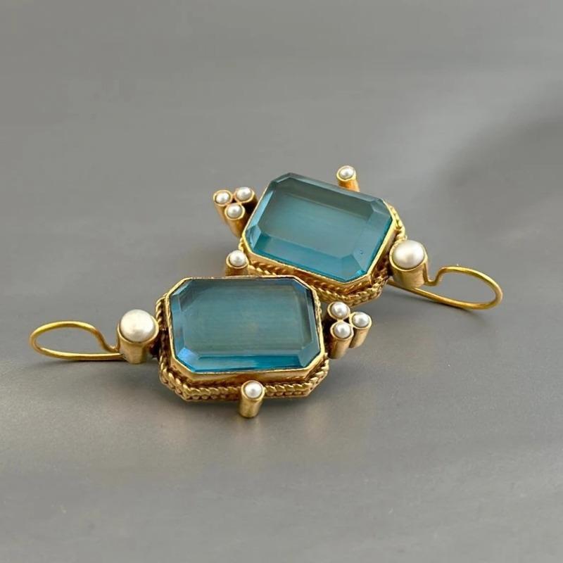 Blue Topaz Intaglio Earrings, Blue Intaglio Crystal Earrings, Vintage Earrings, Cameo Jewelry, Boho Earring