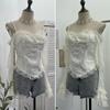 French Retro One-Shoulder Pearl Strap Lace Top with Chest Pads