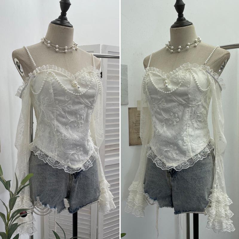 French Retro One-Shoulder Pearl Strap Lace Top with Chest Pads