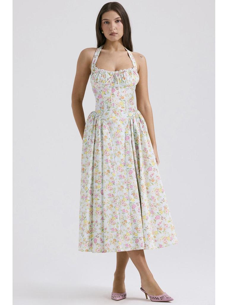 2025 European & American Style Summer Slim Spaghetti Strap Printed Halter Lace Dress