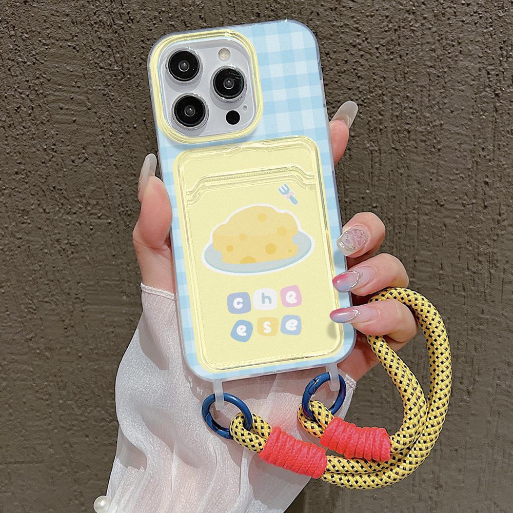 Cute Cheese Card Slot Bag Holder Phone Case For iPhone 15 16 Pro 13 11 12 14 Pro Max XR XS X 7 8 Plus SE  Lanyard Soft Cover