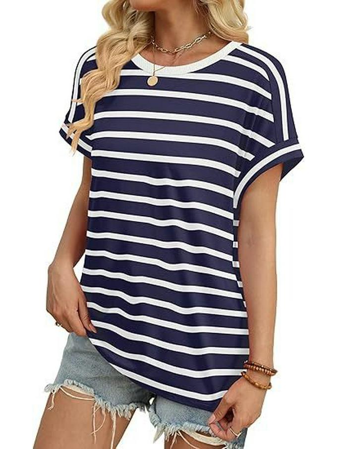 New Arrival Women's Round Neck Striped Color Block Casual Short Sleeve T-shirt