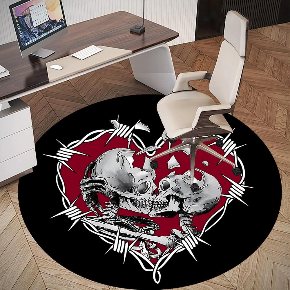 1pc Skulls BarbedWire Round Chair Mat Office Area Rug - Non-Slip, Floor Mat for Office, Bedroom, and Indoor Decor P127119