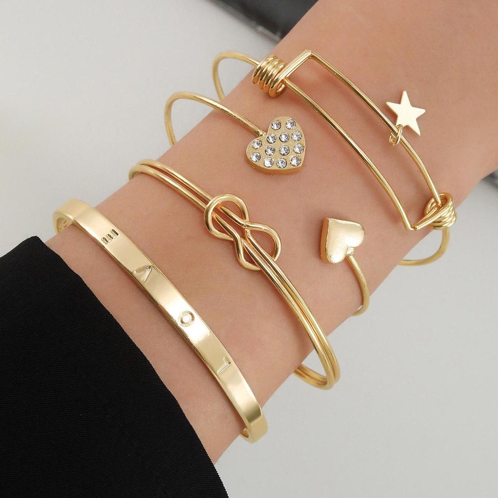 European & American Love Knot Alloy Bracelet Set: 4-Piece Creative Geometric Heart Design