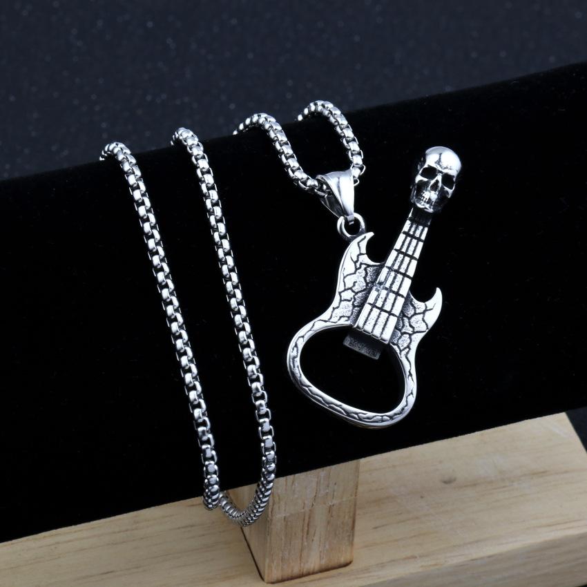 Collier pendentif guitare squelette rétro style hip hop couleur cuivre vintage décapsuleur colliers chaîne en acier inoxydable pour hommes