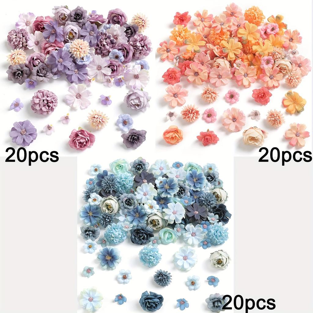 60Pcs Mix Artificial Flowers Head Silk Rose Fake Flowers for Home Room Decor Wedding Decoration Craft Gifts Wreath Accessories