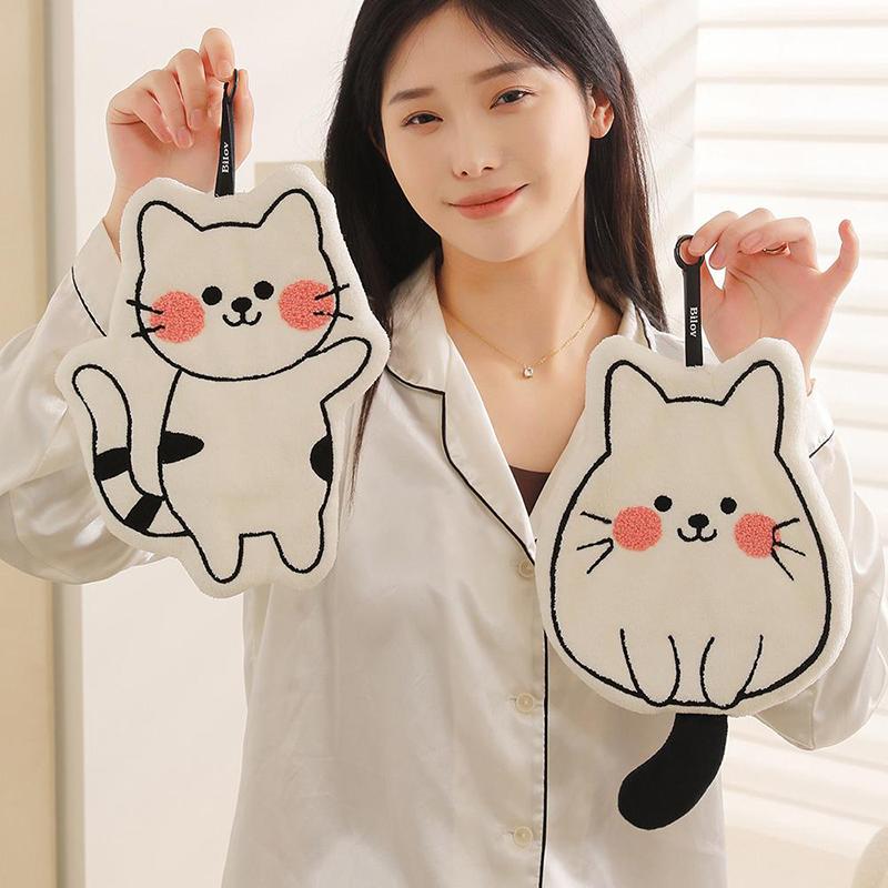 1Pcs Cute Cat Coral Fleece Hanging Towel Kitchen Hand Towel Bathroom Soft Absorbent Handkerchief Wipe Towel Cartoon Kids Towels