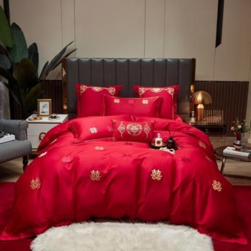 New Chinese style big red embroidery wedding quilt cover polished wedding room bedding wedding four-piece multi-piece set