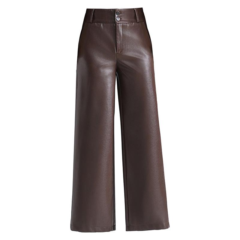 2025 Women's High-Waisted Fleece-Lined Lambskin Leather Pants - Slimming Loose Fit Straight-Leg, Ideal for Autumn and Winter