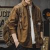Automne Nouveau Lâche Décontracté Américain Vintage Veste de Travail Homme Uni Col Carré Bouton Poche Patchwork Badge Chemise Manches Longues