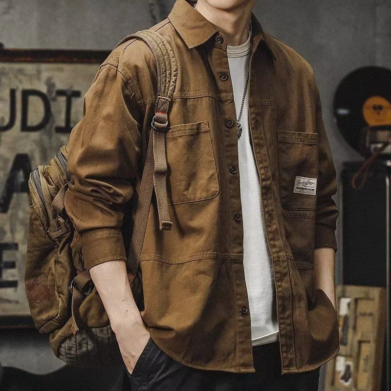 Autumn New Loose Casual American Vintage Work Jacket Men Solid Square Neck Button Pocket Badge Patchwork Long Sleeved Shirt