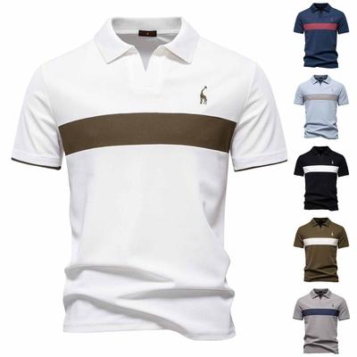 Men's Summer Colorblock Deer Embroidery Buttonless V-Neck Short Sleeve Top Men's Casual Fashion Shirt