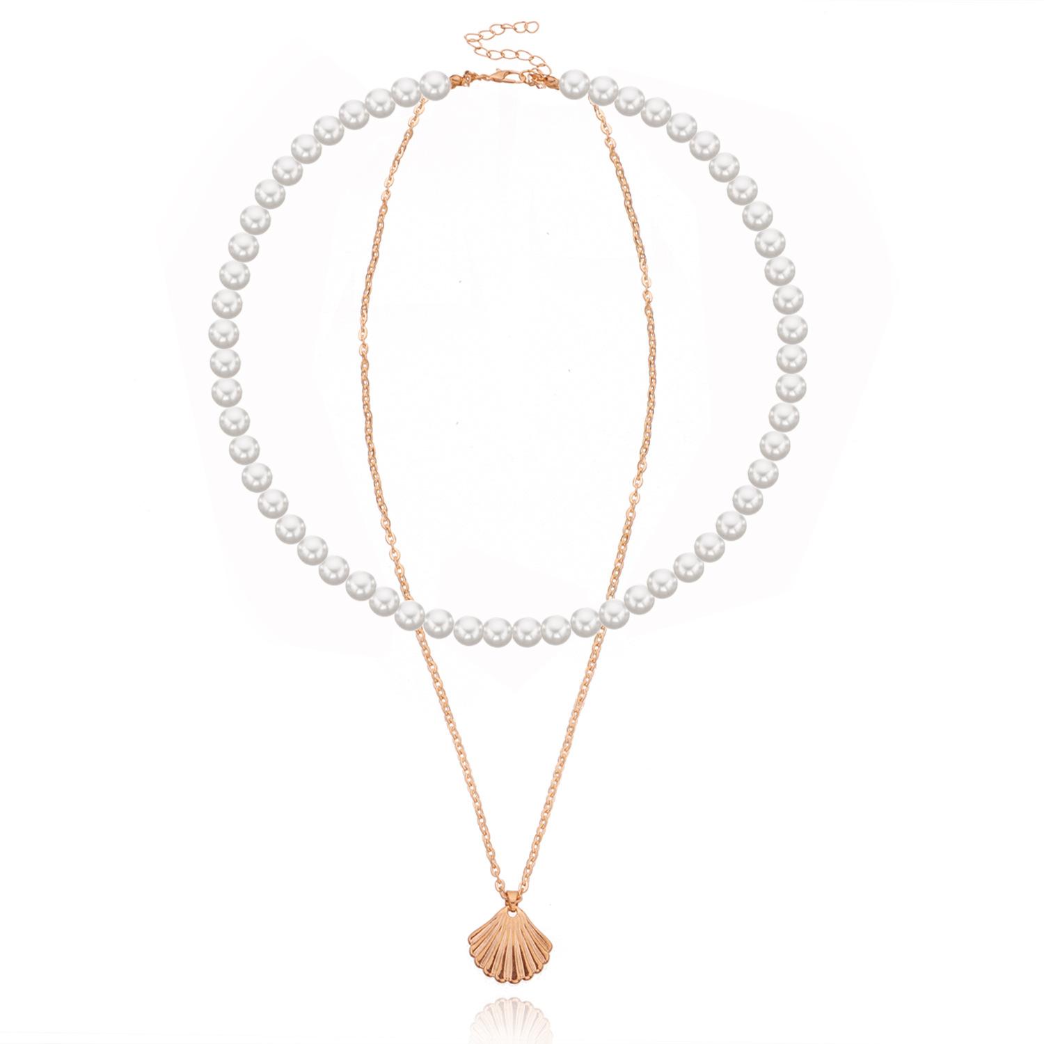 Temperament pearl scallop alloy pendant necklace, fashionable and simple handmade double-layer necklace