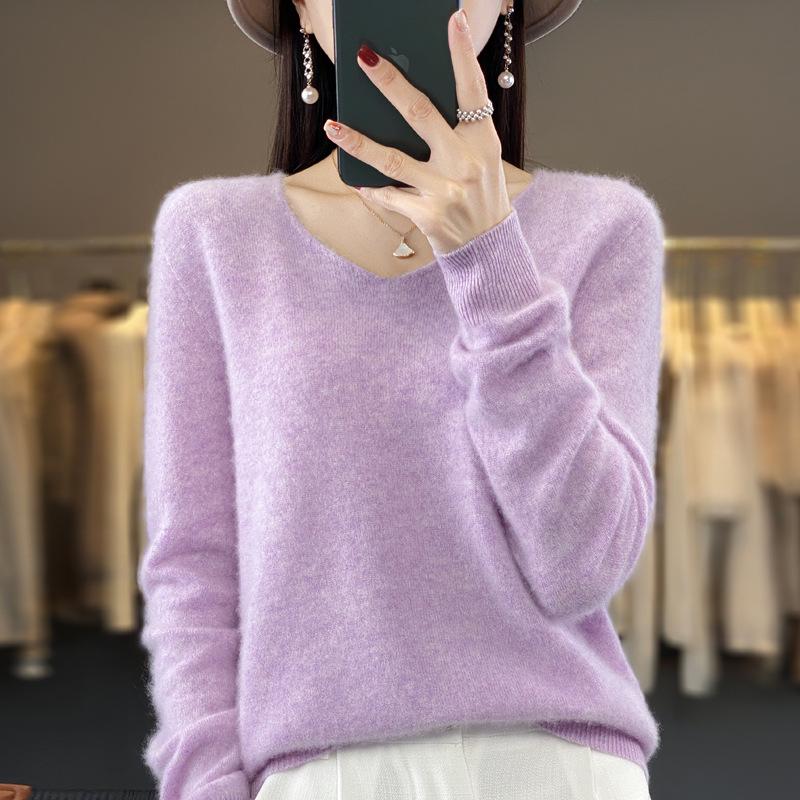 Women's V-Neck Seamless Wool Sweater - Loose, 100% Cashmere Knit for Autumn/Winter