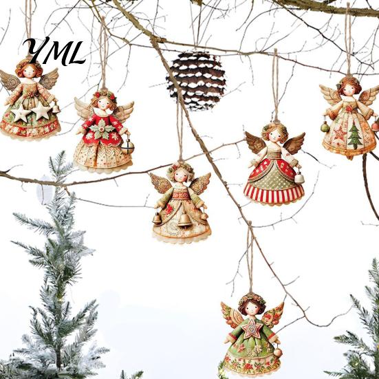 Interior Door Frame Decorations 6Pcs Vintage Angel Wooden Ornaments, Christmas Hanging Decor Set Home Wall Accents with Jute String, Rustic