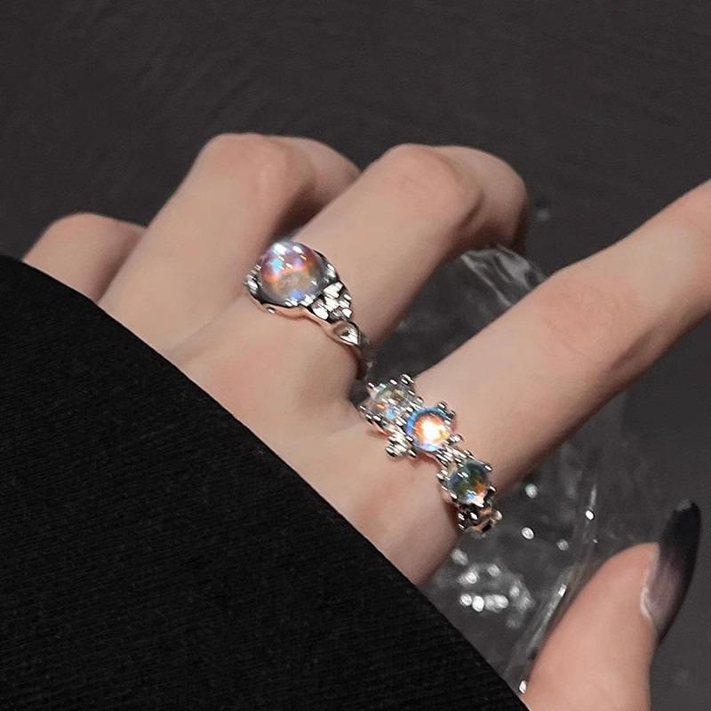 Crystal Moonstone Ring Women's Cold Wind Simple Open Index Finger Ring Niche Design Ring Gothic Style
