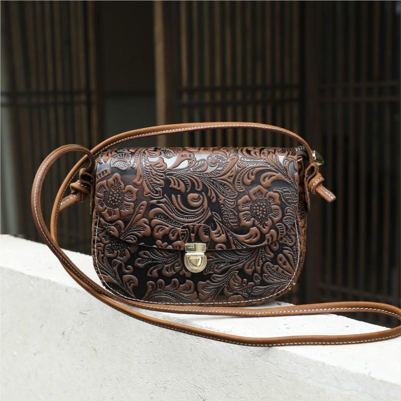 Johnature Women's Genuine Leather Shoulder Bag Versatile Cowhide Embossed Buckle Retro Crossbody Bag