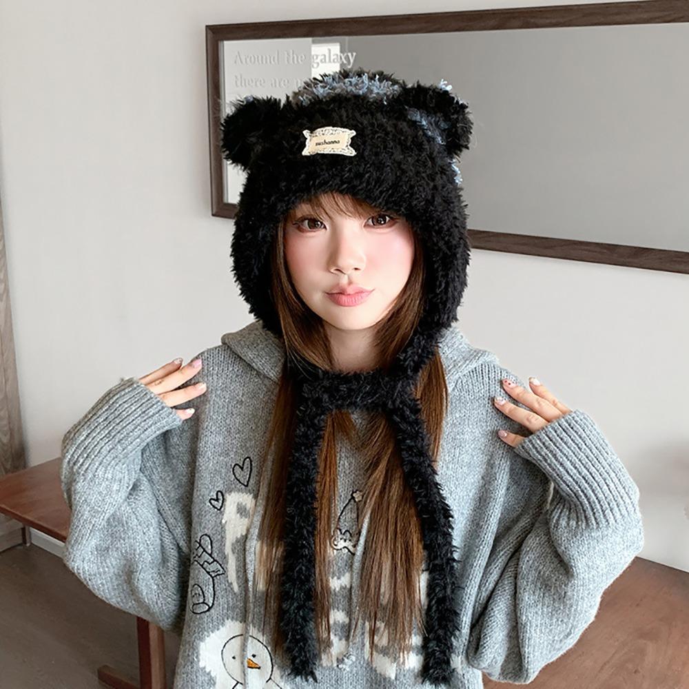 Cartoon Bear Ear Plush Knitted Hat Keep Warm Bear Ears Beanie Lovely Ear Protective Cap For Women