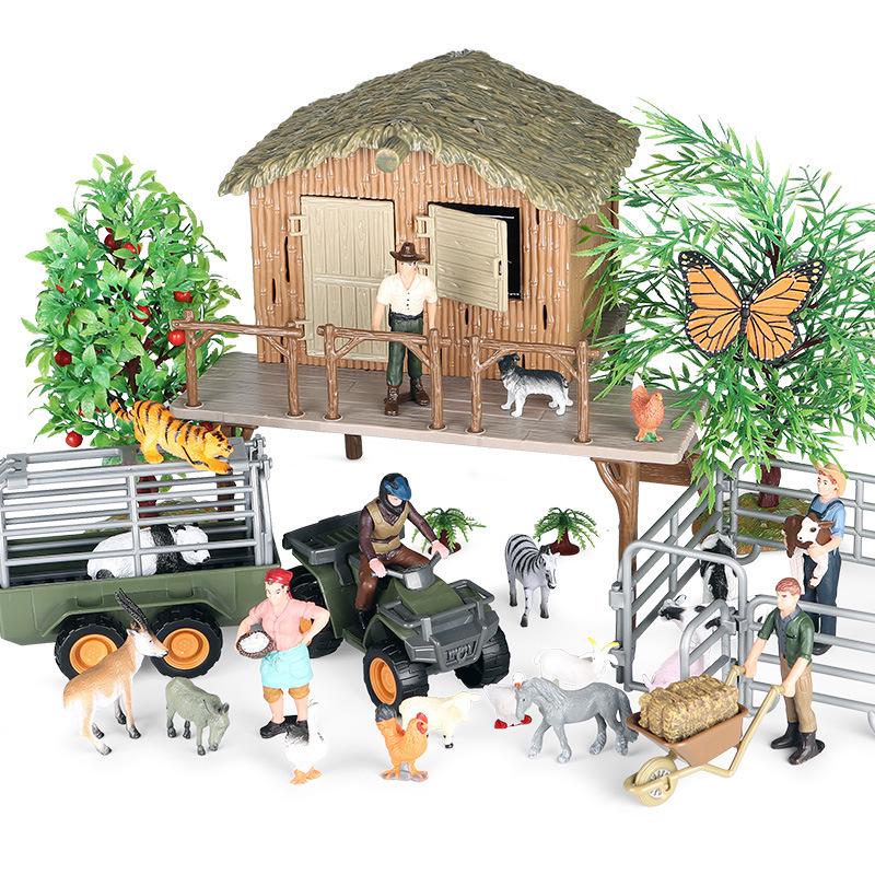Thatched Cottage Farm Scene Model: Horse Washing, Poultry Ranch, Sandbox Scenery Ornament