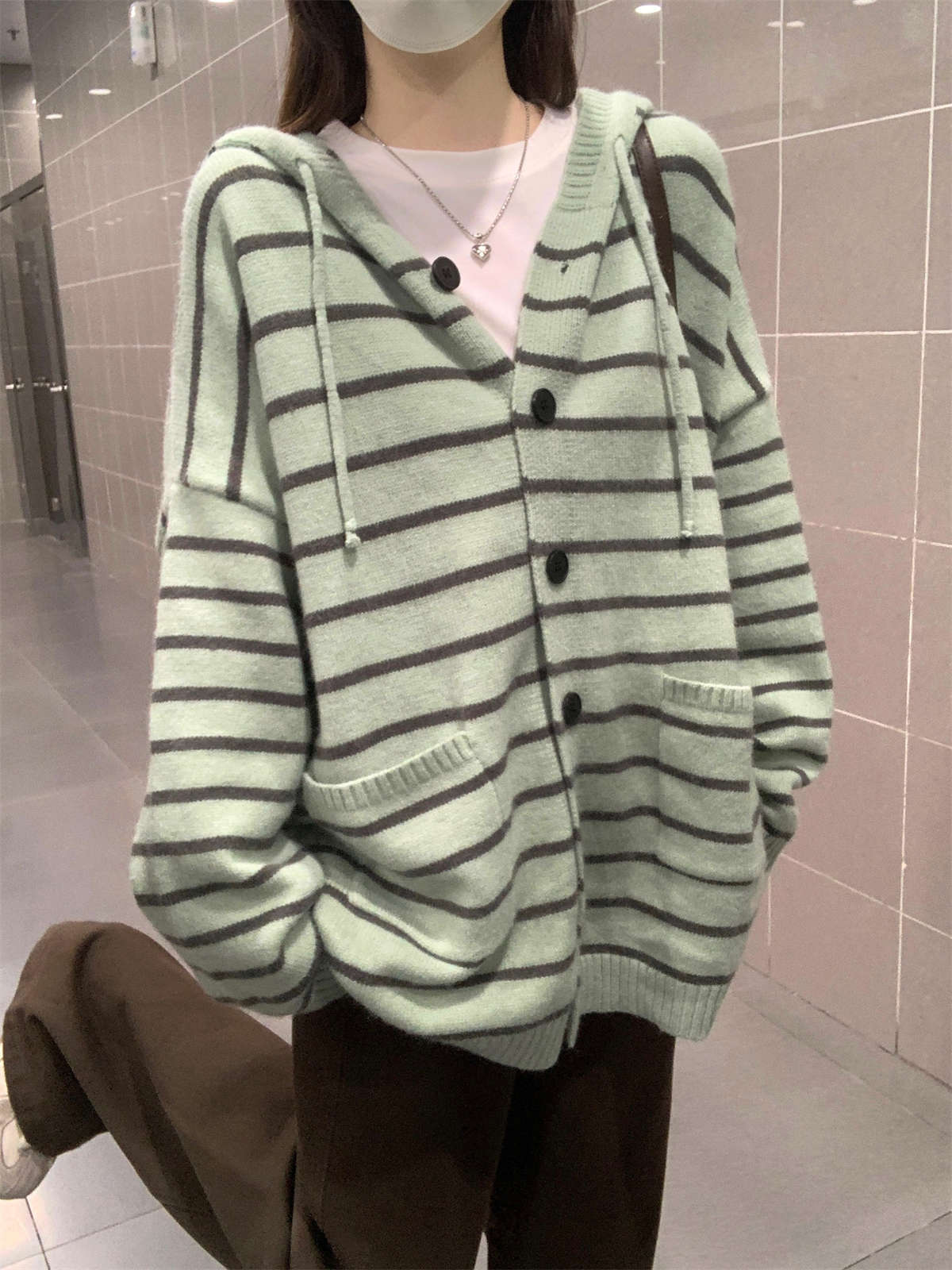 

Lazy wind striped hooded knitted cardigan loose thickened sweater women s autumn and winter new casual coat top L