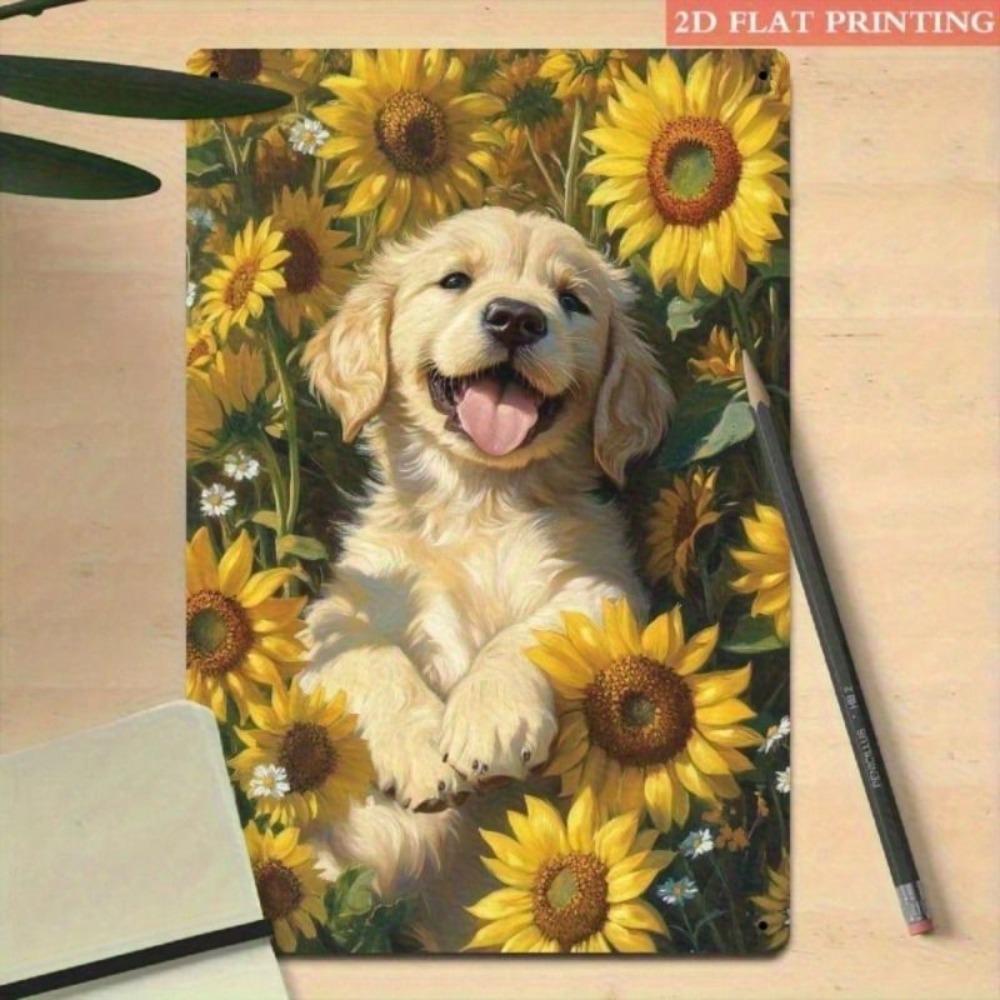 Metal Wall Art Goldendoodle Puppy Sunflower Rustic Decor for Living Room