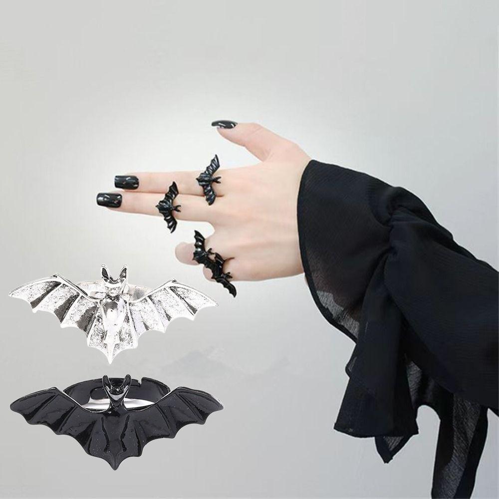 Dark Fashion Gothic Bat Ring Shiny Rhinestone Halloween Opening Ring Spider Web Heart Ring  Gift
