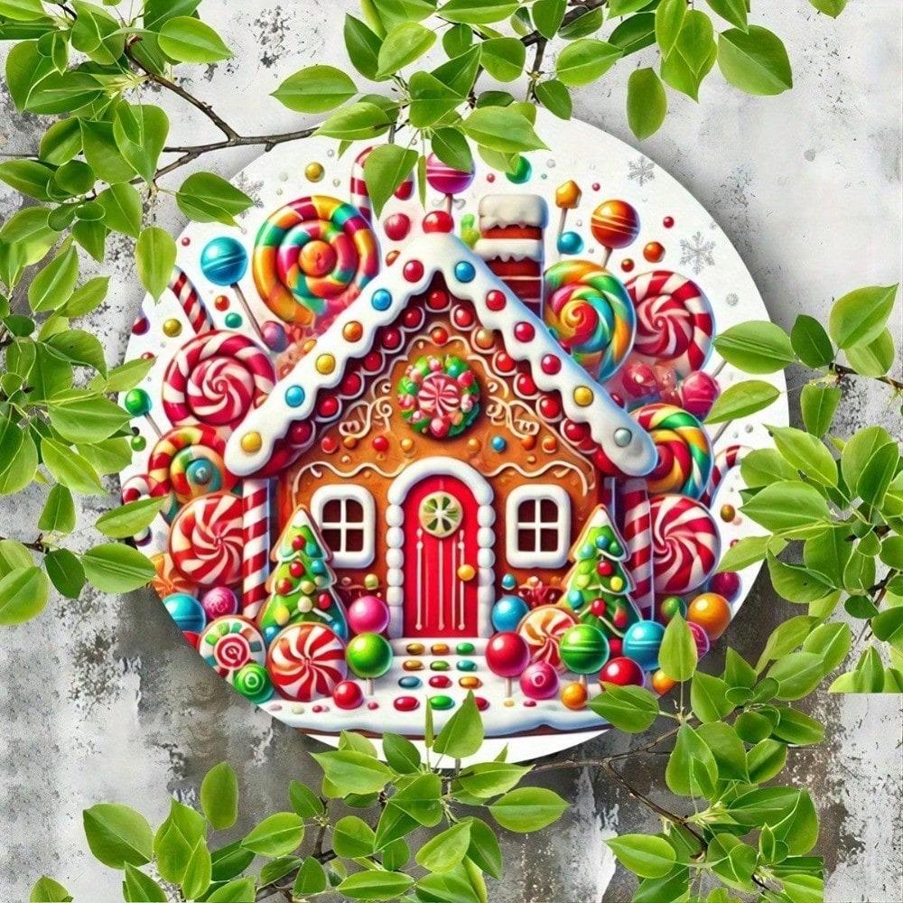 1pc Christmas Gingerbread House Metal Sign, Holiday Round Tin Plate Wall Art, Vintage Candy Decor for Home Bar Cafe