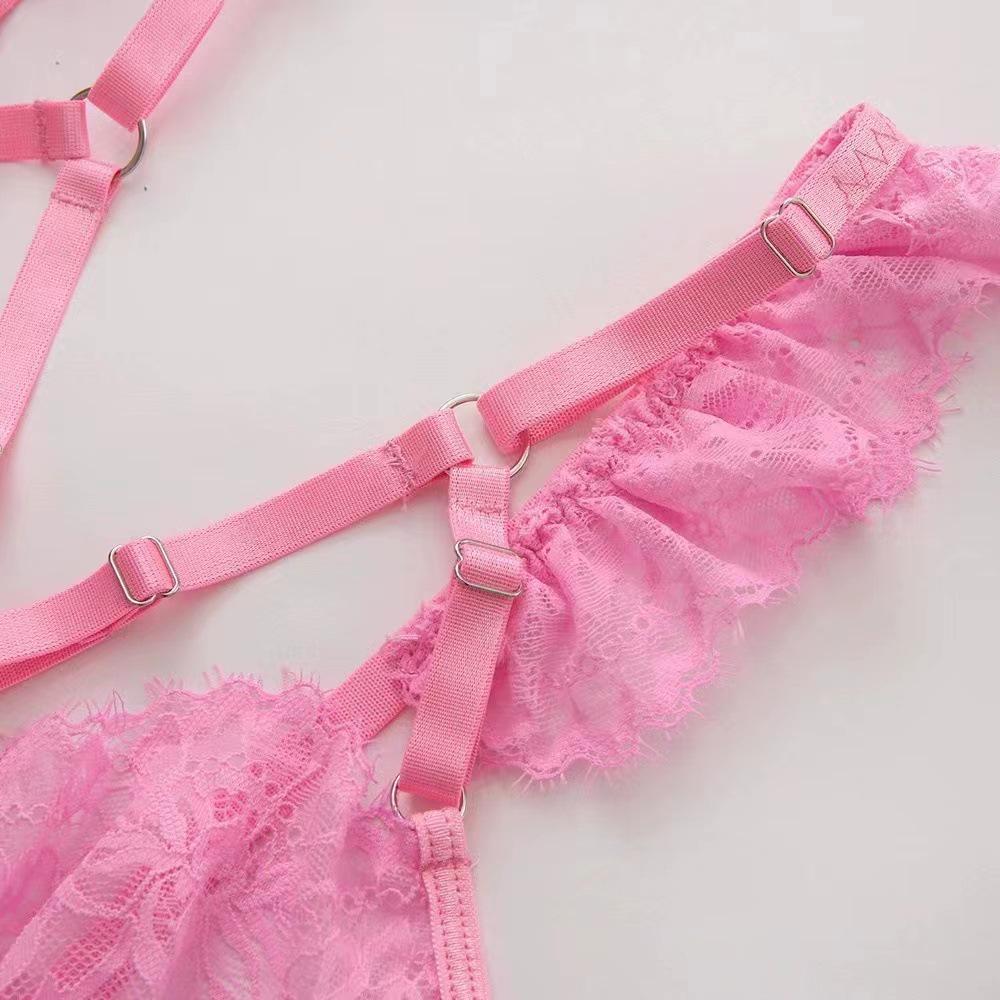 Pink Lace Embroidery Backless Stocking 3-Piece Set for Women