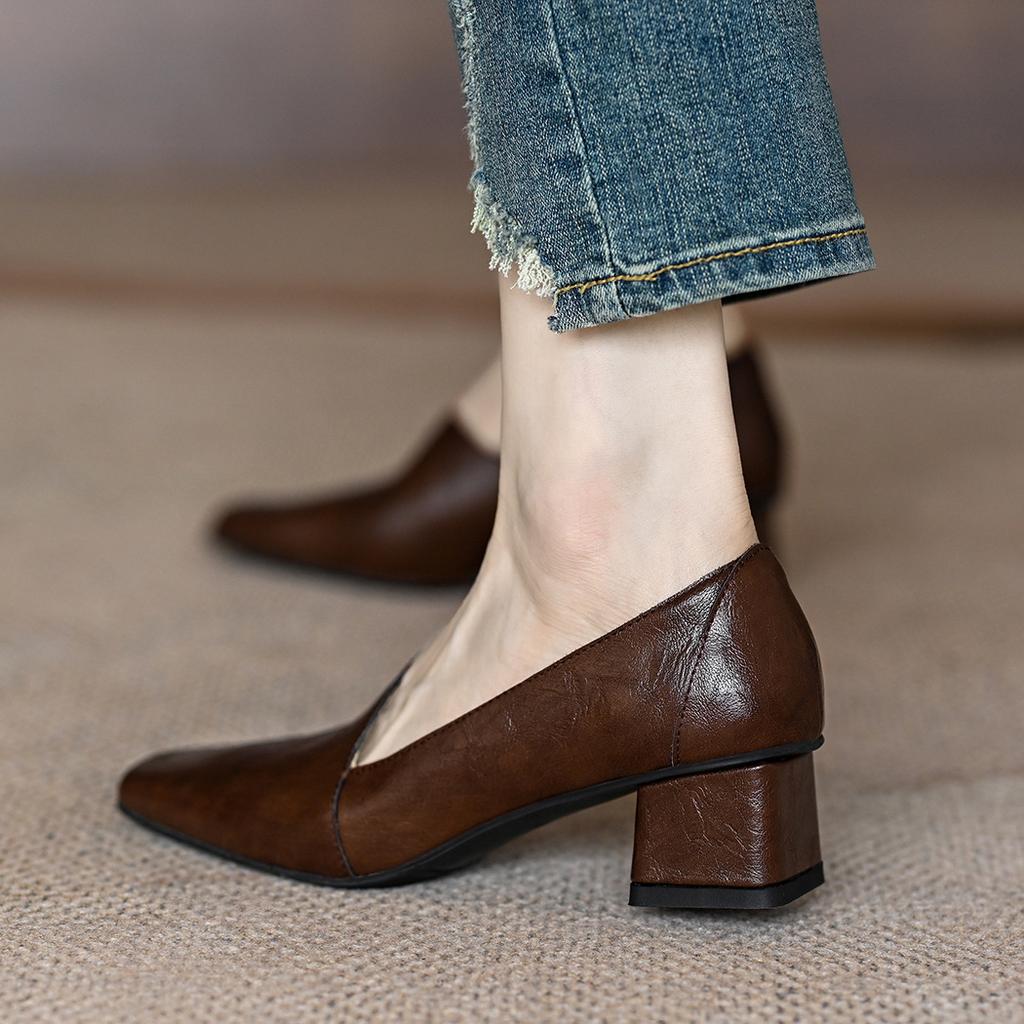 Square head single shoes irregular autumn French medium heel thick heel commuter high heels