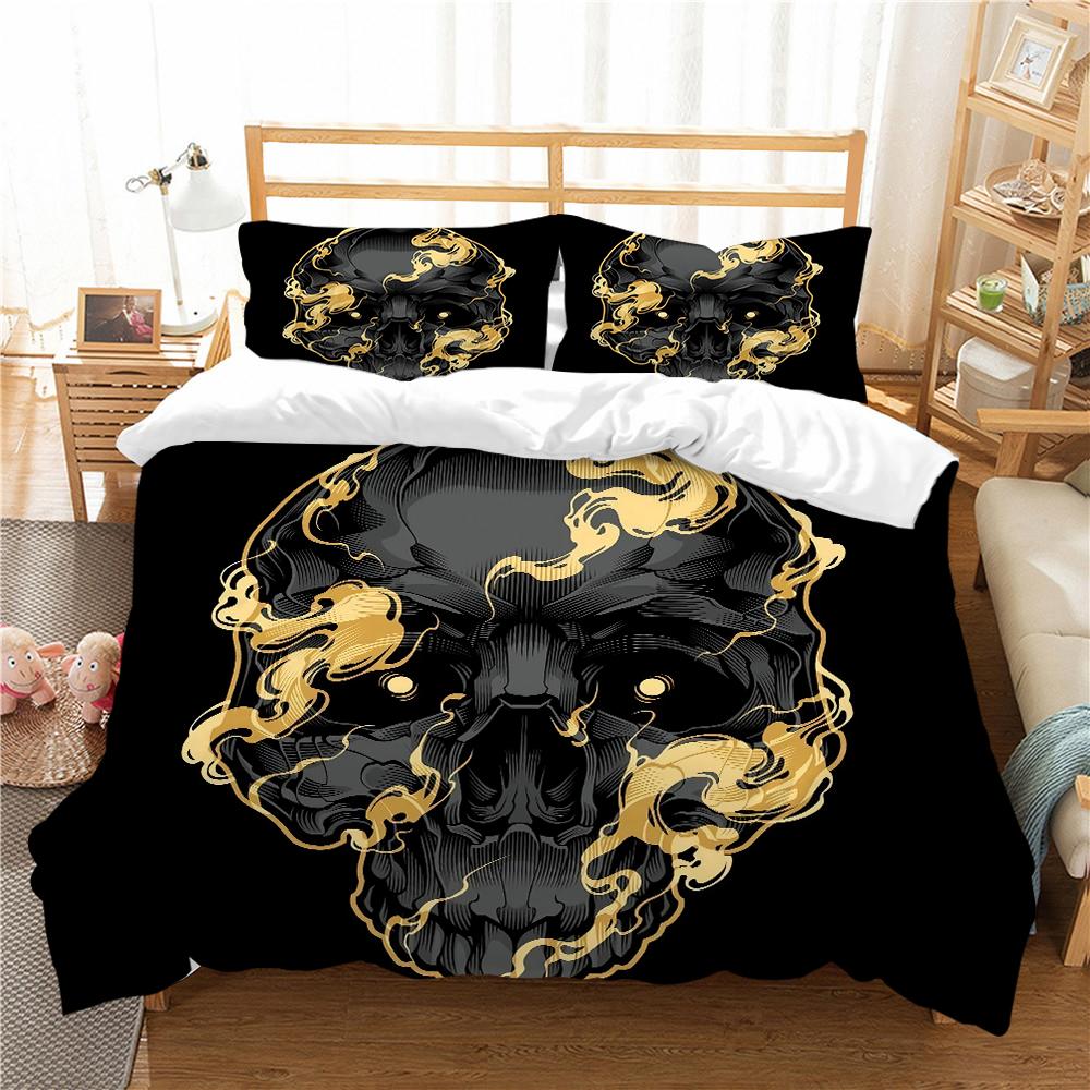 Totenkopf-Bettwäsche, Mikrofaserstoff, schwarzer Totenkopf-Druck, Bettbezug und Kissenbezug, 2 oder 3 Einzelbetten, Doppelbett, volle Größe, Heimdekoration