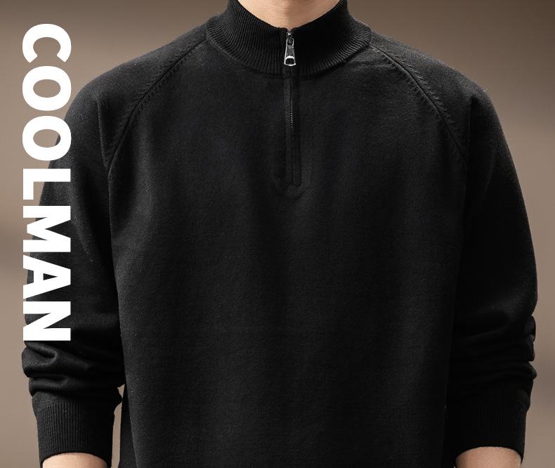 Men's High-End Half-Zip Stand Collar Knit Sweater - Autumn/Winter Korean Style Solid Color Casual Base Layer Top