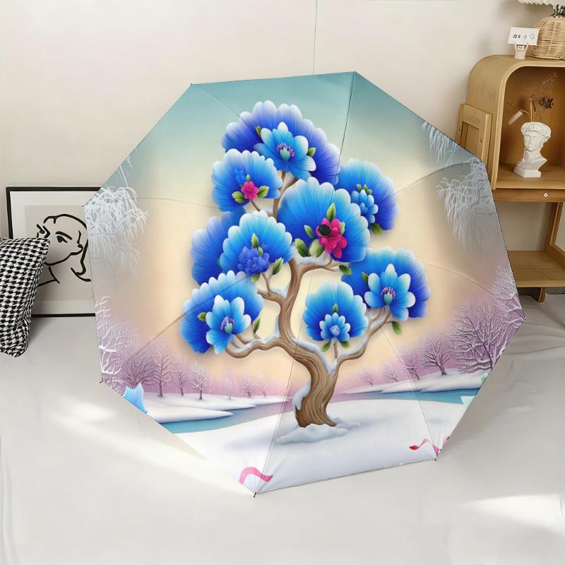 

Winter Floral Folding Umbrella - Vibrant Blue and Pink Flower Design with Elegant Tree Pattern, Lightweight Portable Foldable (as the picture,Iron&8K)