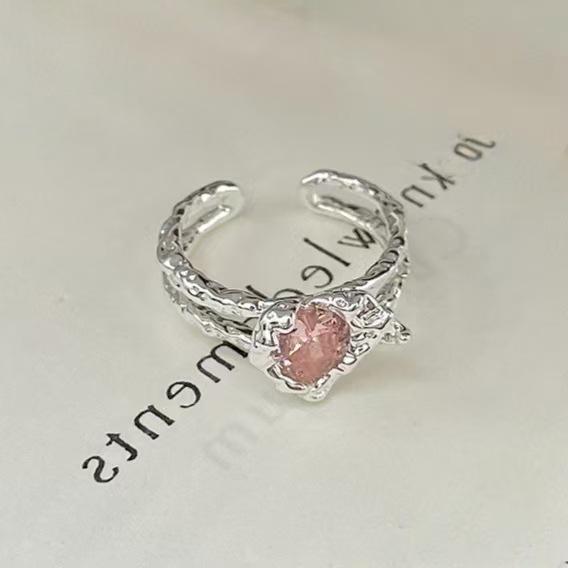 Adjustable Pink Heart Zircon Ring: Irregular Luxury and Trendy Style
