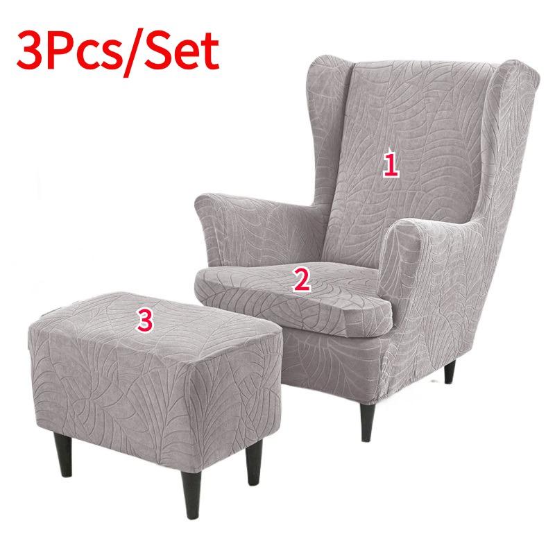 3pcs/set Solid Color Elastic Wing Chair Covers Water Repellent Stretch Wingback Chairs Protector Covers with Ottoman Cover