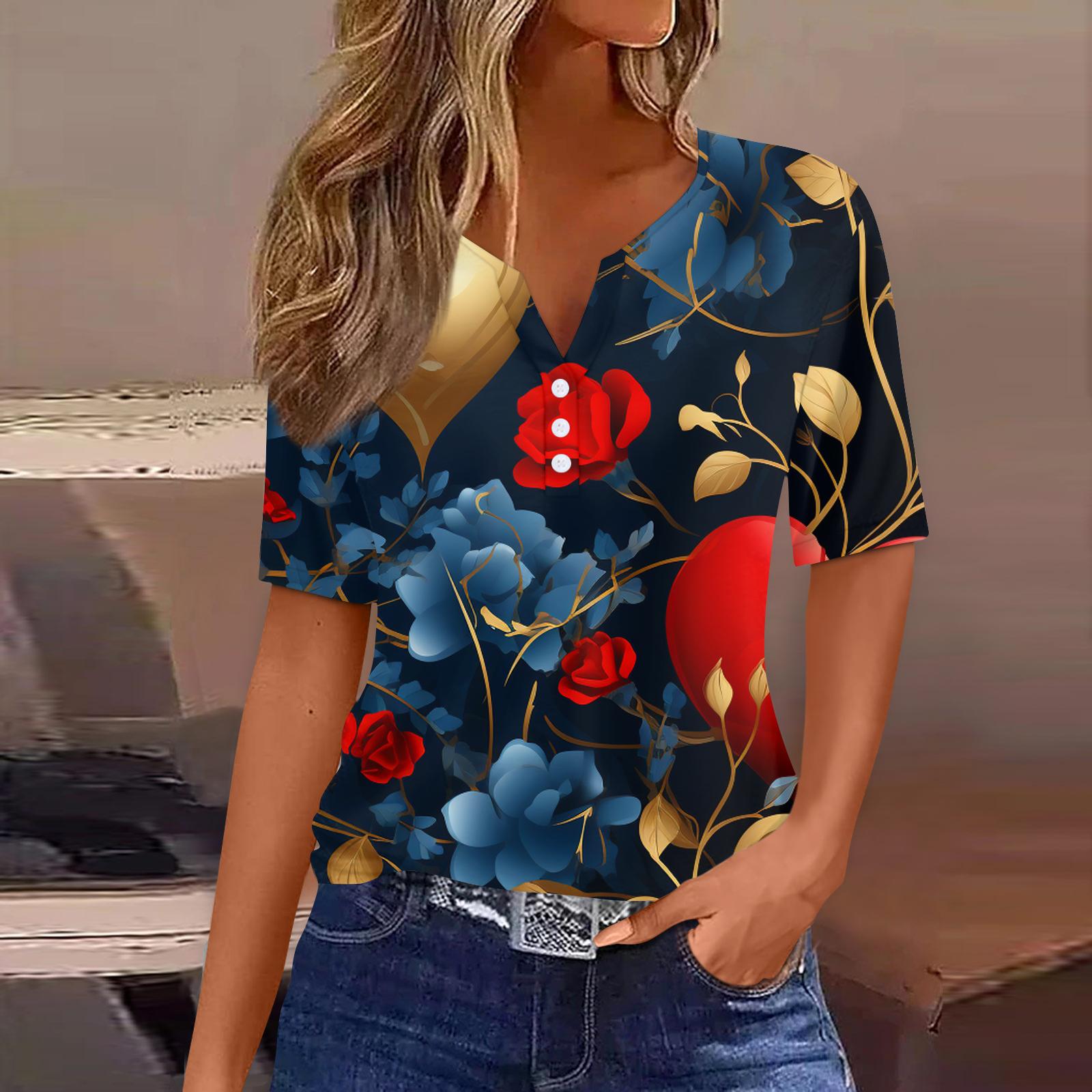 

Women s T Shirt Tee Valentine s Day Print Button Short Sleeve Tunic Daily Weekend Fashion Basic V, Neck Regular Top S синій