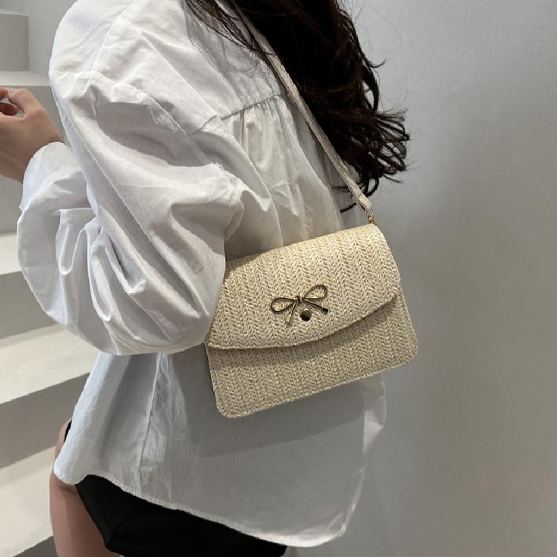 Simple Gold Bow Decoration Woven Texture Women Casual Shoulder Bag For Casual Outings