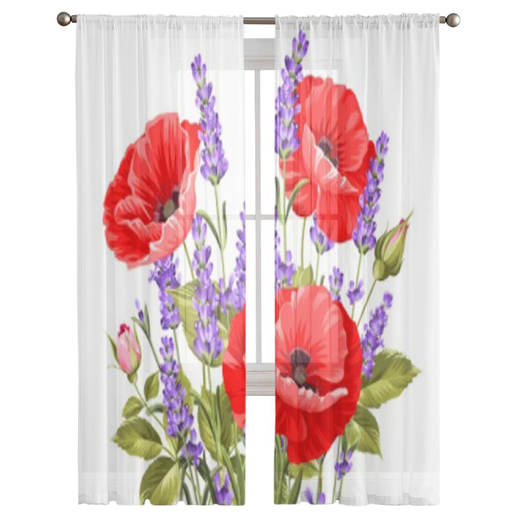Lavendel- und Mohnblumen-Tüllvorhänge für Wohnzimmer, Schlafzimmer, Küchendekoration, Voile-Organza-Vorhänge