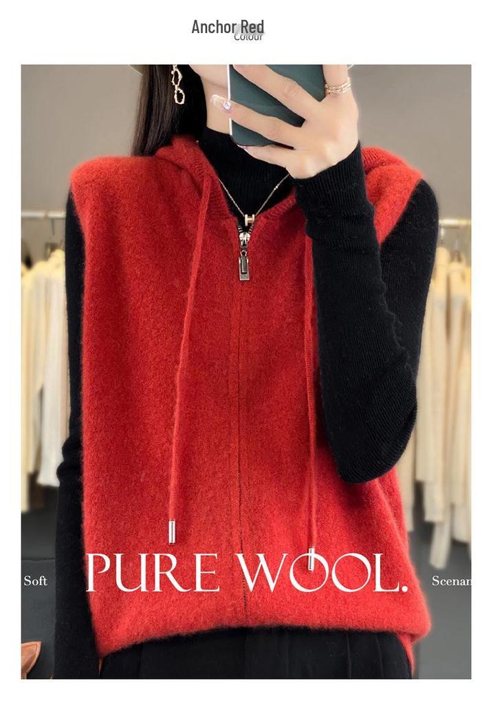 2025 A/W Hooded Wool Knit Vest - Zippered Sleeveless Sweater Coat