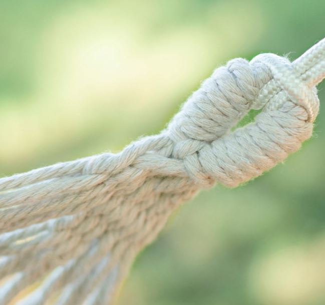 Boho macrame garden hammock with spreader bar and headband for one person, beige cover