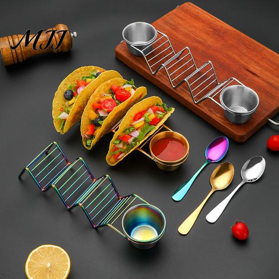 Burrito Serving Rack Taco Holder Stand with Dip Bowls, 201 Stainless Steel Wave Set, Tableware for Family Gatherings 2 Sauce Dishes And