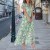 V-neck Ruffle Short Sleeve Maxi Dress Waist Tight High-waist Flowy Hem Sweet Floral