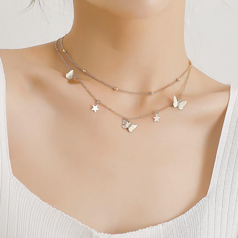 Fashion Personalized Bead Chain Accessories, Double-layer Simple Metal Star Butterfly Pendant Necklace