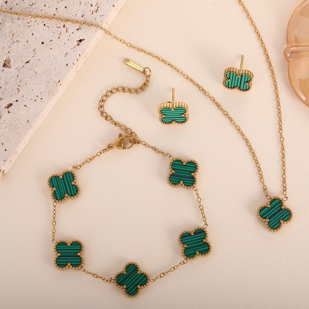 

Комплект из 3-х предметов: ожерелье, браслет, серьги из титановой стали, не выцветает, двусторонний клевер necklace+Bracelet+Earring зелёный