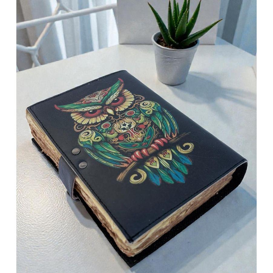 Handmade Leather Owl Journal, Vintage Deckle Edge Diary with Lock